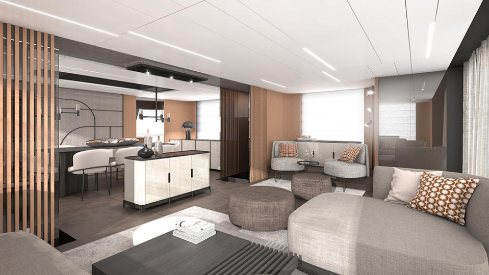 The upscale interior features an array of sustainable materials. - Credit: Fraser Yachts