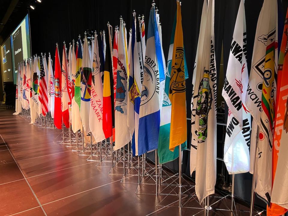 Flags from First Nations participating at the 44th Assembly of First Nations Annual General Assembly were setup and ready on Monday, ahead of the gathering in Halifax. 