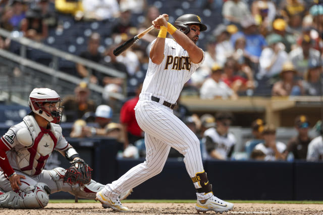 Matt Carpenter of the San Diego Padres hits two-RBI double against the  Arizona Diamondbacks during