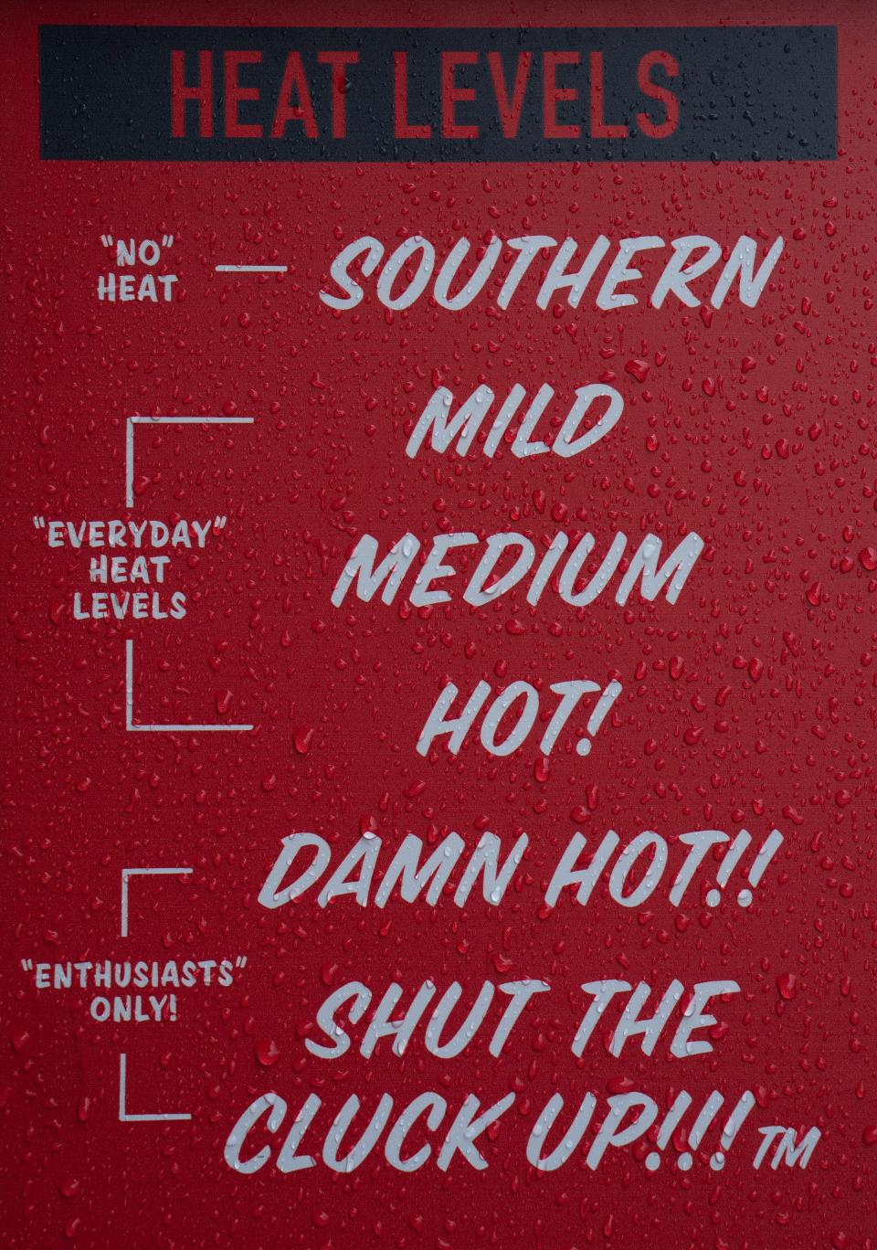 The "heat levels" signage gives patrons a preview of what to expect for lunch at Hattie B's Hot Chicken Midtown in Nashville, Tenn., Tuesday, April 2, 2024.