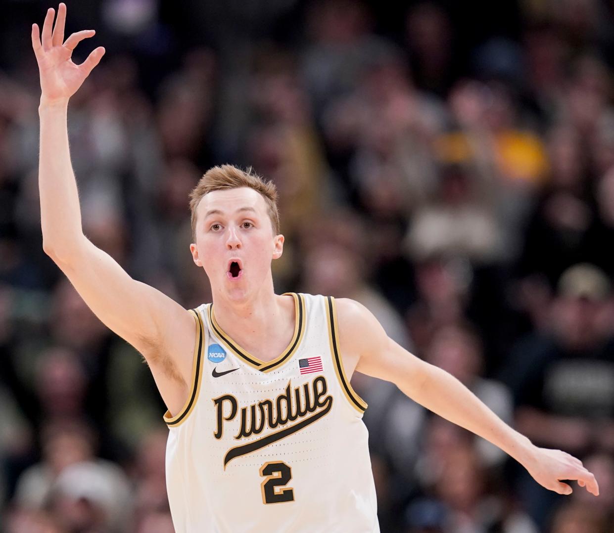 Purdue Boilermakers guard Fletcher Loyer (2) reacts after a basket Friday, March 22, 2024, during a game against Grambling State Tigers in the first round of the NCAA Men’s Basketball Tournament at Gainbridge Fieldhouse in Indianapolis.