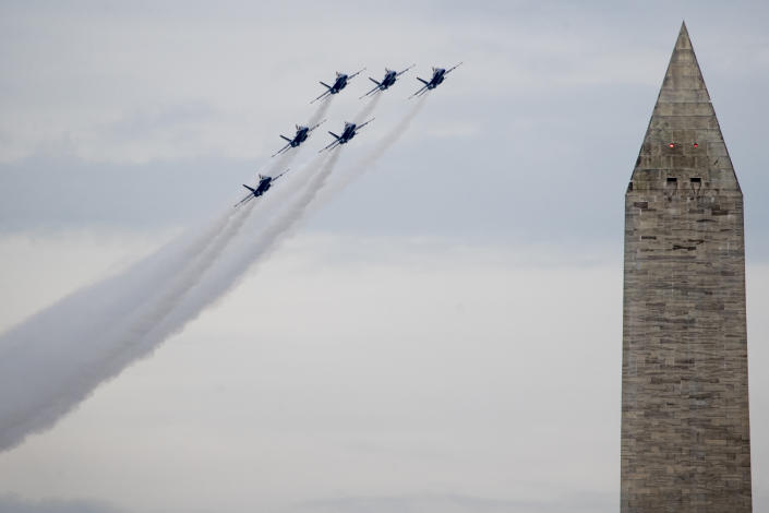 The Washington Monument is visible as the US Navy Blue Angels flyover at the conclusion of President Donald Trump's Independence Day celebration in front of the Lincoln Memorial, July 4, 2019, in Washington. (Photo: Andrew Harnik/AP)
