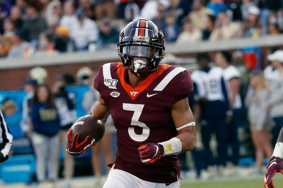 Caleb Farley (3) returns an interception for a touchdown against Georgia Tech in Atlanta on Nov. 16, 2019.