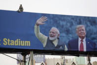 FILE- In this Feb. 19, 2020, file photo, a monkey sits on a hoarding welcoming U.S. President Donald Trump ahead of his visit to Ahmedabad, India. A festive mood has enveloped Ahmedabad in India’s northwestern state of Gujarat ahead of Prime Minister Narendra Modi's meeting Monday with U.S. President Donald Trump, whom he's promised millions of adoring fans. The rally in Modi's home state may help replace his association with deadly anti-Muslim riots in 2002 that landed him with a U.S. travel ban. It may also distract Indians, at least temporarily, from a slumping economy and ongoing protests over a citizenship law that excludes Muslims, but also risks reopening old wounds. (AP Photo/Ajit Solanki, File)