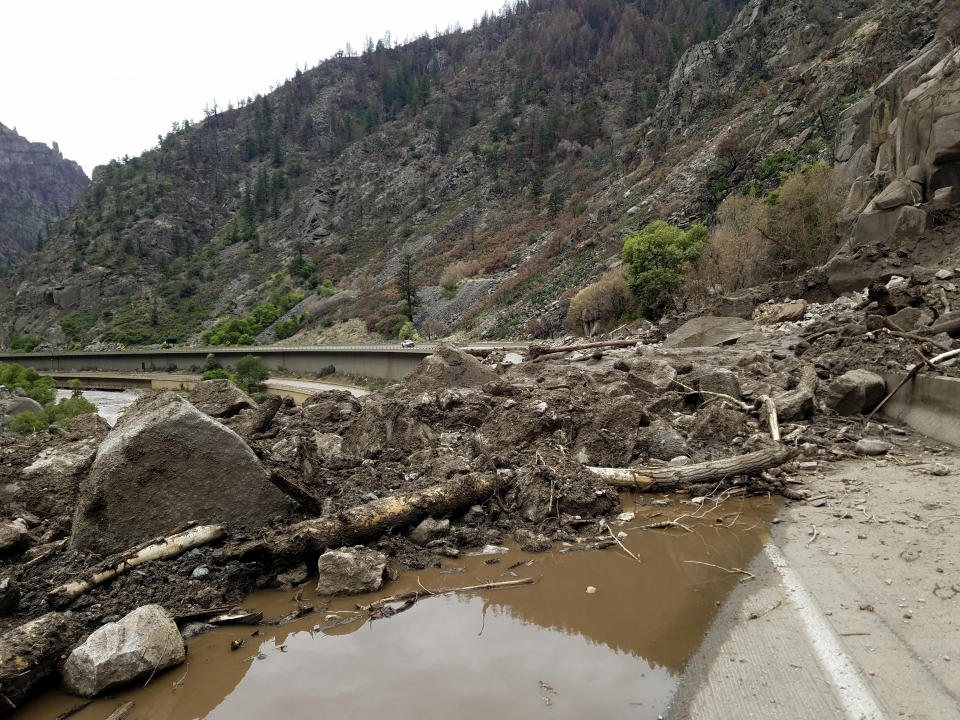 This image provided by the Colorado Department of Transportation shows mud and debris on U.S. Highway 6, Sunday, Aug. 1, 2021 west of Silver Plume, Colo. Mudslides closed some Colorado highways as forecasters warned of potential flash flooding on Sunday across the Rocky Mountain and Great Basin regions. (Colorado Department of Transportation via AP)