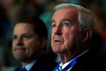 Craig Reedie (R), President of the World Anti Doping Agency (WADA) listens next to Olivier Niggli, Director General of WADA, during the WADA Symposium in Ecublens near Lausanne, Switzerland, March 21, 2018. REUTERS/Denis Balibouse