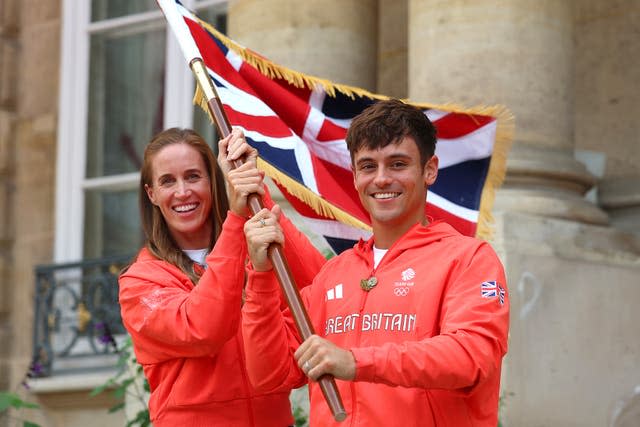 Great Britain’s Helen Glover and Tom Daley during the Team GB Flagbearer announcement for the Paris Olympics