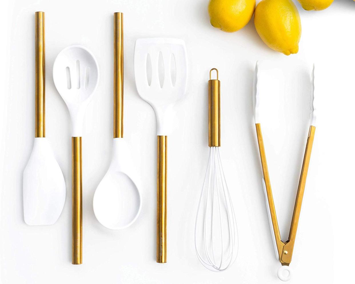 White Silicone and Gold Cooking Utensils