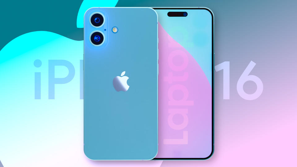 Blue iPhone 16 renders based on leaked schematics and rumors.