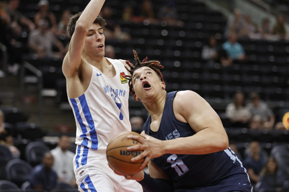 Memphis Grizzlies forward Kenny Lofton Jr. (6) looks to shoot against Oklahoma City Thunder forward Chet Holmgren (7) during the first half of an NBA summer league basketball game Wednesday, July 6, 2022, in Salt Lake City. (AP Photo/Jeff Swinger)