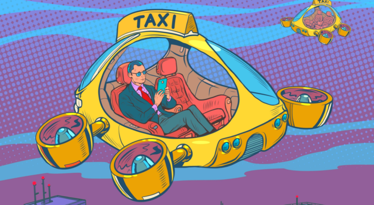 A pop-art image of a business man in a suit looking at his phone, sitting in an airborne flying taxi; eVTOL in flight