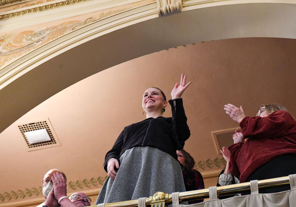 Alyssa Nix stands to be recognized as a small business owner by Governor Kristi Noem during the State of the State address on Tuesday, January 11, 2022, at the South Dakota State Capitol in Pierre.