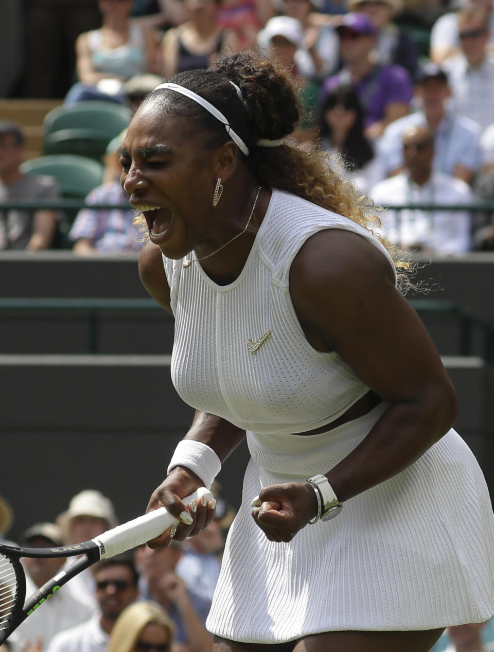 United States' Serena Williams celebrates winning a point against Spain's Carla Suarez Navarro in a women's singles match during day seven of the Wimbledon Tennis Championships in London, Monday, July 8, 2019. (AP Photo/Kirsty Wigglesworth)