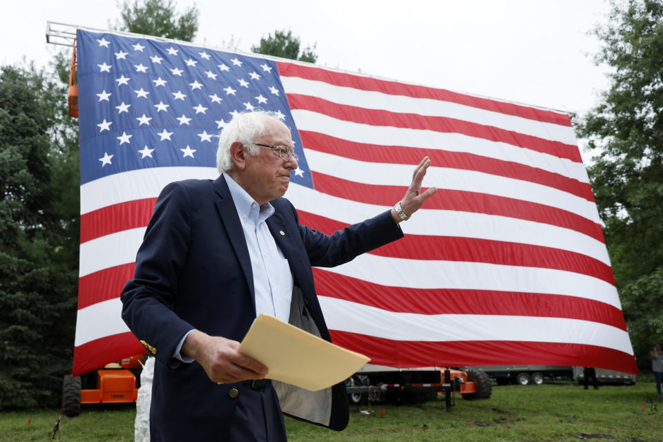 Democratic presidential candidate Sen. Bernie Sanders walks on stage to speak at the Polk County Democrats Steak Fry, Saturday, Sept. 21, 2019, in Des Moines, Iowa. (AP Photo/Charlie Neibergall)