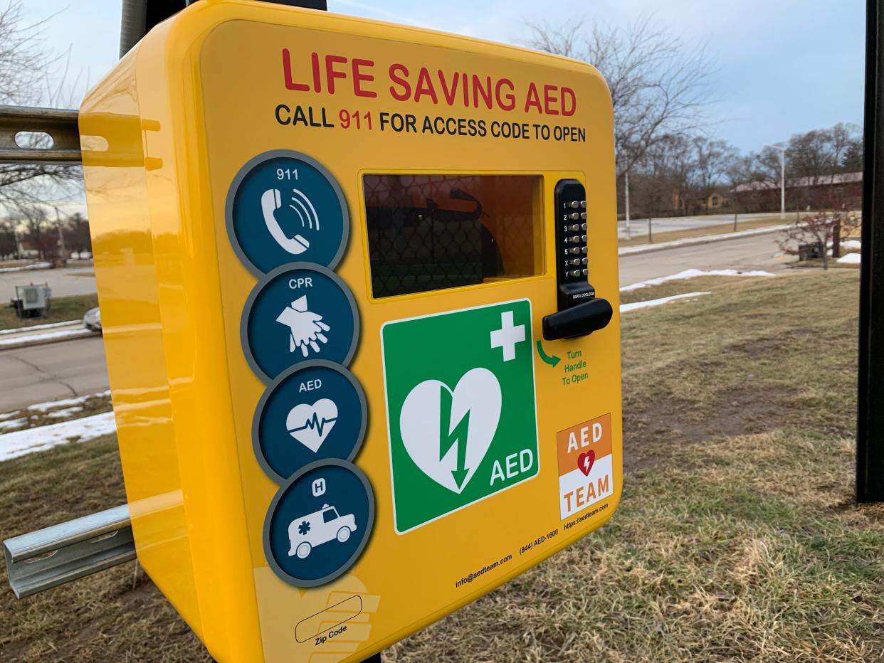 An automated external defibrillator housed in a secure, all-weather box faces one of the soccer fields at Mindiola Park along Hoover Avenue in Waukesha. The park was one of nine to get new AEDs, which are sometimes used on cardiac-arrest victims as the third action in a series of lifesaving steps.