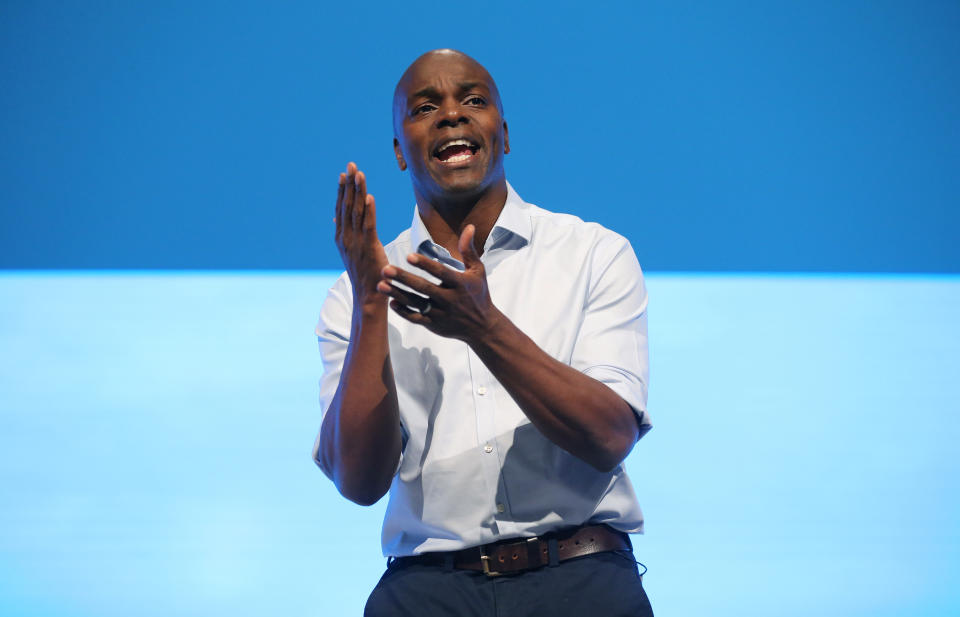 Shaun Bailey, Conservative party candidate for the 2020 London Mayoral Election candidate, speaking on the third day of the Conservative Party Conference being held at the Manchester Convention Centre. Picture dated: Tuesday October 1, 2019. Photo credit should read: Isabel Infantes / EMPICS Entertainment.