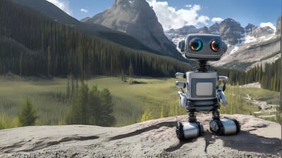 A friendly, futuristic robot stands on a rock in front of a picturesque Canadian mountain landscape with dense forests, clear blue skies, and snow-capped peaks, representing the Canadian Travel Helper AI chatbot designed to assist travelers with airline issues and provide guidance on compensation claims and passengers' rights from cheapflightscanada.ca. (CNW Group/Cheap Flights Canada)