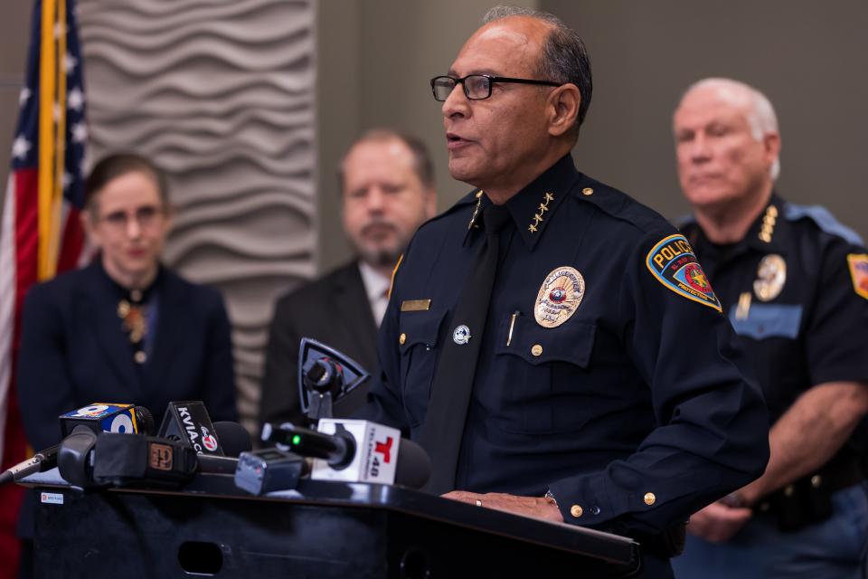 EPISD Police Chief Manuel Chavira discusses school threats at a news conference at El Paso Regional Communications Center on Tuesday, Feb. 21, 2023. His police force hires off-duty city police to fill in the gaps in their school security coverage.