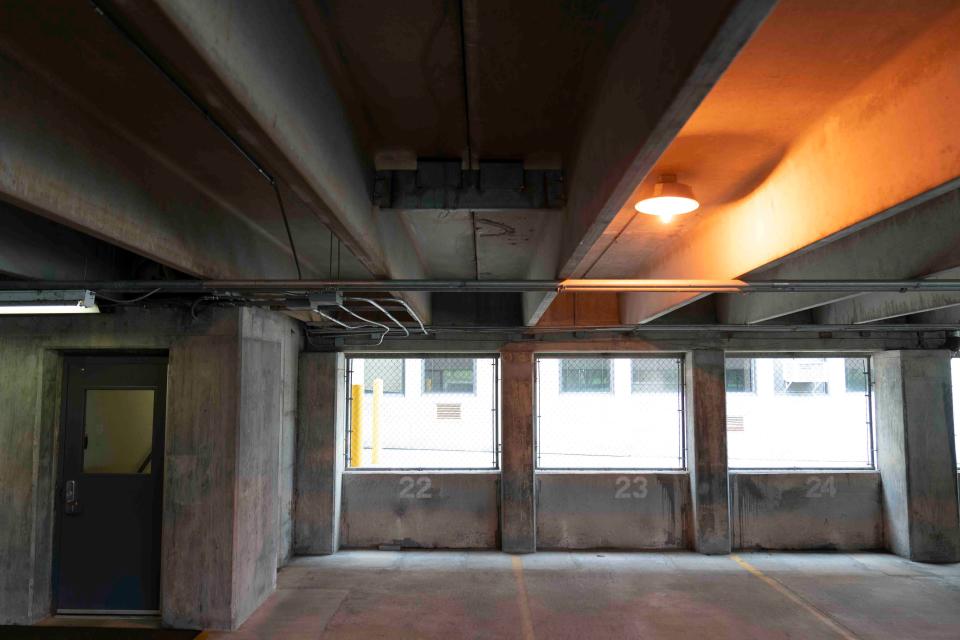 Falling concrete inside the parking garage is a concern for employees and agents working out of the KBI headquarters. Steel reinforcements have been added to temporarily help the issue.