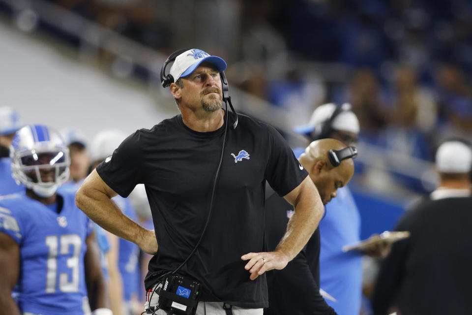 Detroit Lions head coach Dan Campbell watches from the sideline during the first half of a preseason NFL football game against the Indianapolis Colts, Friday, Aug. 27, 2021, in Detroit. (AP Photo/Al Goldis)