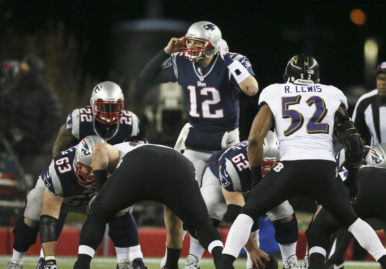 Tom Brady makes a call at the line against the Ravens.