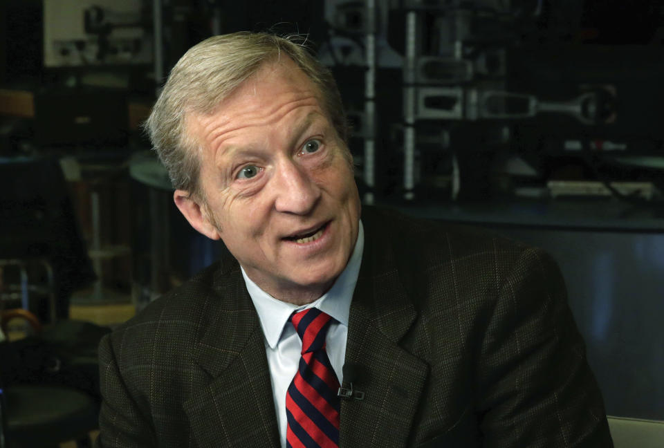 FILE - In this April 2, 2018, file photo, billionaire environmentalist Tom Steyer is interviewed on Cheddar on the floor of the New York Stock Exchange. Two deep-pocketed Democrats are set to travel to early presidential primary states on Tuesday, stoking further speculation about whether they will soon launch bids for the White House. (AP Photo/Richard Drew, File)