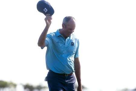 Apr 21, 2019; Hilton Head, SC, USA; Matt Kuchar reacts after making his putt on the green on the eighteenth hole during the final round of the RBC Heritage golf tournament at Harbour Town Golf Links. Mandatory Credit: Joshua S. Kelly-USA TODAY Sports