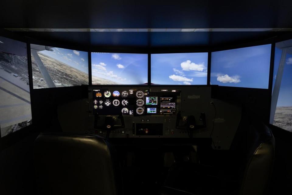 The interior of a Redbird flight simulation at the Texas State Technical College in Waco on Oct. 24, 2022. Students training to become pilots are able to practice in the program without having to leave the ground.