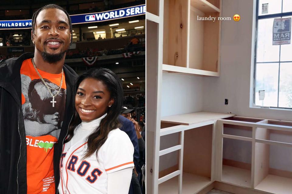 <p>Mary DeCicco/MLB Photos via Getty; Simone Biles/Instagram</p> Jonathan Owens and Simone Biles beside the new home they