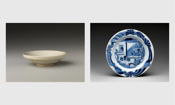 From left: Stoneware bowl with white slip and glaze from China’s Tang dynasty (618-907). Hard<span style="font-family: Theinhardt, -apple-system, BlinkMacSystemFont, &quot;Segoe UI&quot;, Roboto, Oxygen-Sans, Ubuntu, Cantarell, &quot;Helvetica Neue&quot;, sans-serif;">-paste porcelain dish with tea cultivation scene from 1740s China for European market.</span>