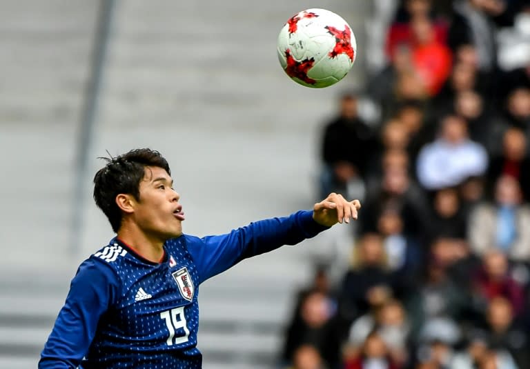 Japan's Sakai Hiroki controls the ball during their match against Brazil in Villeneuve d'Ascq on November 10, 2017