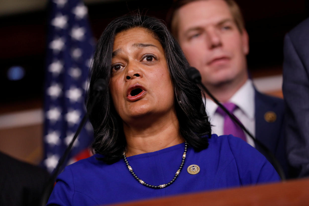 Rep. Pramila Jayapal (D-Wash.) speaks about revelations about President Donald Trump's involvement with Russia on Capitol Hill on May 17, 2017.&nbsp; (Photo: Aaron Bernstein / Reuters)