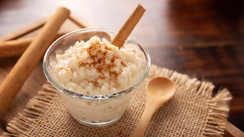 bowl rice pudding with cinnamon