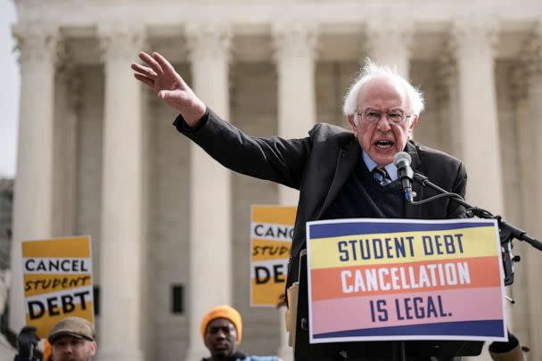 PHOTO: Sen. Bernie Sanders speaks during a rally in support of the Biden administration's student debt relief plan in front of the Supreme Court, Feb. 28, 2023. (Drew Angerer/Getty Images)