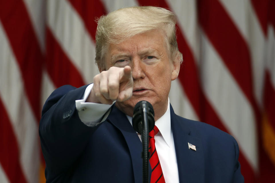 President Donald Trump speaks about the coronavirus during a press briefing in the Rose Garden of the White House, Monday, May 11, 2020, in Washington. (AP Photo/Alex Brandon)