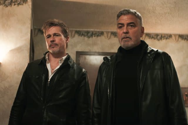 <p>Sony Pictures Entertainment</p> Brad Pitt and George Clooney reunite in 'Wolfs' trailer