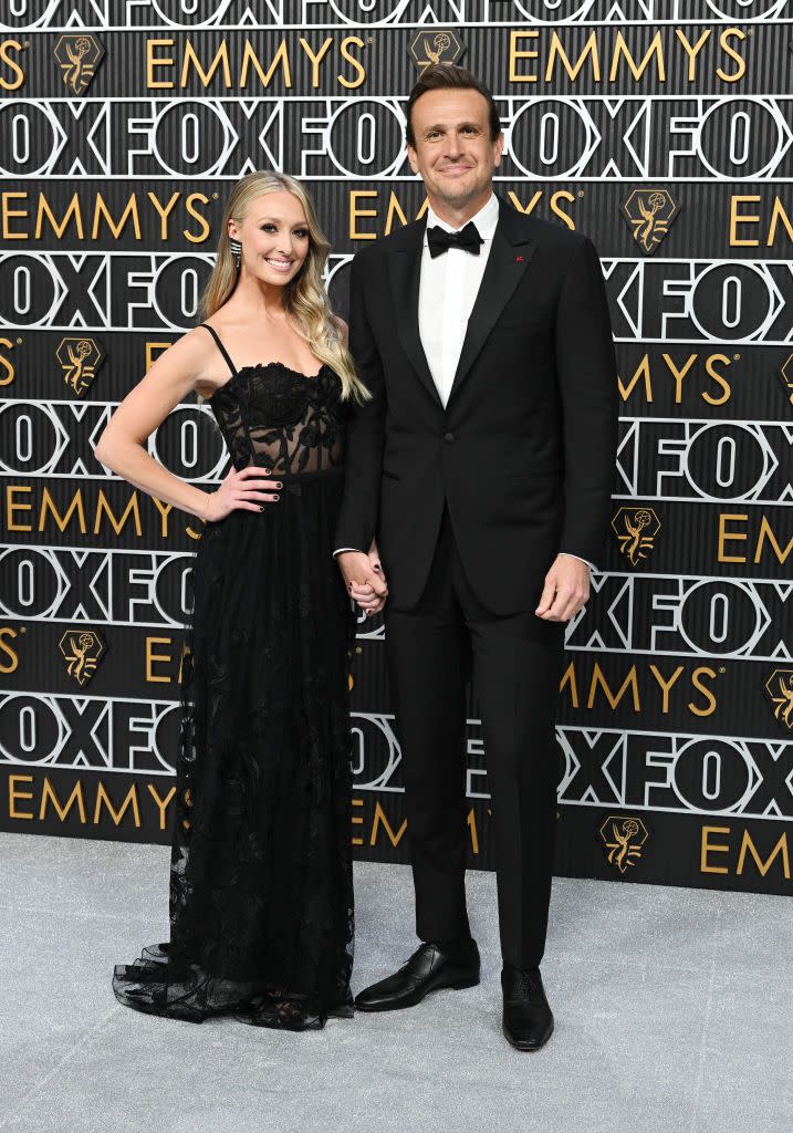 jason segel and kayla radomski at 75th primetime emmy awards