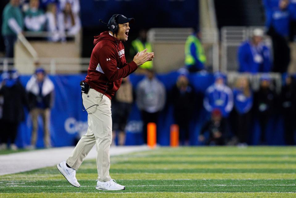 South Carolina coach Shane Beamer cheers on the team during the first half of an NCAA college football game against Kentucky in Lexington, Ky., Saturday, Oct. 8, 2022. (AP Photo/Michael Clubb)