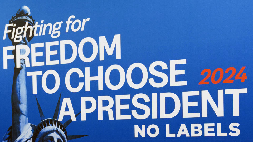 FILE - A No Labels banner at the National Press Club, in Washington, Jan. 18, 2024. The No Labels group says it won't field a presidential candidate in November after strategists for the bipartisan organization were unable to attract a candidate willing to seize on the widespread dissatisfaction with President Joe Biden and Donald Trump. No Labels CEO Nancy Jacobson said in a statement Thursday that "the responsible course of action is for us to stand down." ( AP Photo/Jose Luis Magana, File)