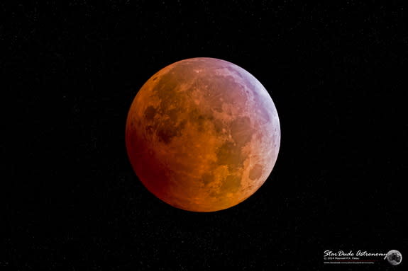 Astrophotographer Maxwell Palau captured the lunar eclipse in San Diego, California, on Oct. 8 — the second total lunar eclipse of 2014. Two more total lunar eclipses will occur in 2015.