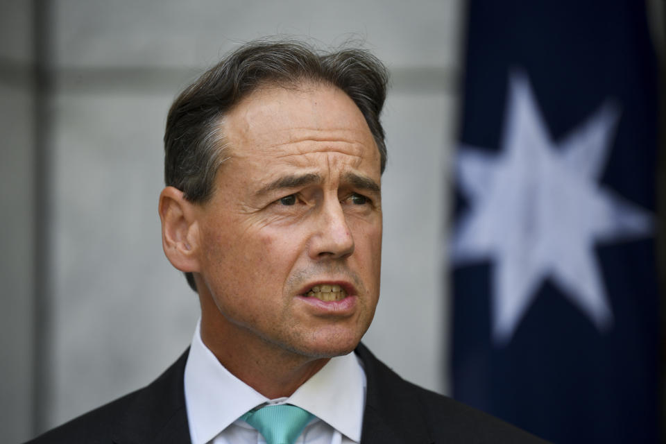 Australian Health Minister Greg Hunt speaks to the media during a press conference at Parliament House in Canberra, Tuesday, February 16, 2021. (AAP Image/Lukas Coch) NO ARCHIVING