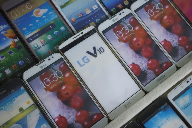 Mock old version LG Electronics' smartphones are displayed at a store in Seoul