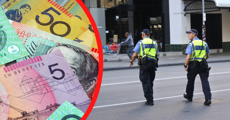 Australian money notes staked on top of each other and two Australian police officers cross a road.