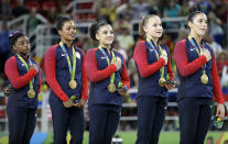<p>Gabby Douglas was a serious victim of cyber bullying these Games, a major difference from four years ago when she was praised for being an Olympic goddess. This time, her hair was the least of the comments, but rather her patriotism and support of her teammates (or according to social media, her lack there of). (AP Photo/Julio Cortez) </p>