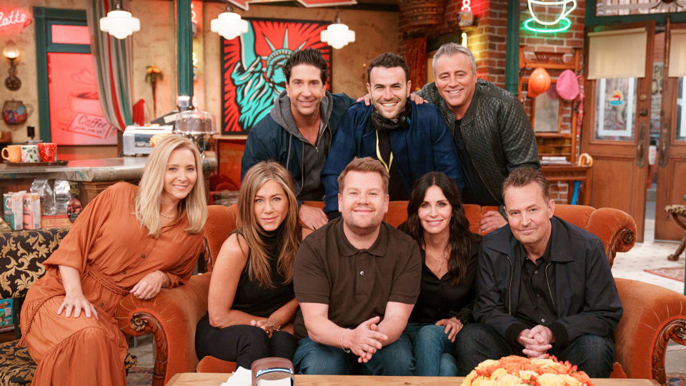 Lisa Kudrow, Jennifer Aniston, Courtney Cox, David Schwimmer, Matt LeBlanc, and Matthew Perry join James Corden for a Friends Reunion Special during The Late Late Show with James Corden. Pictured with: Ben Winston. (Photo by Terence Patrick/CBS via Getty Images)