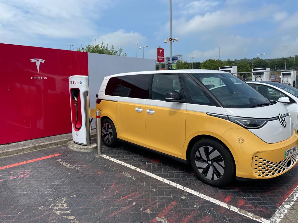 Volkswagen ID Buzz at Folkestone Tesla Supercharger.