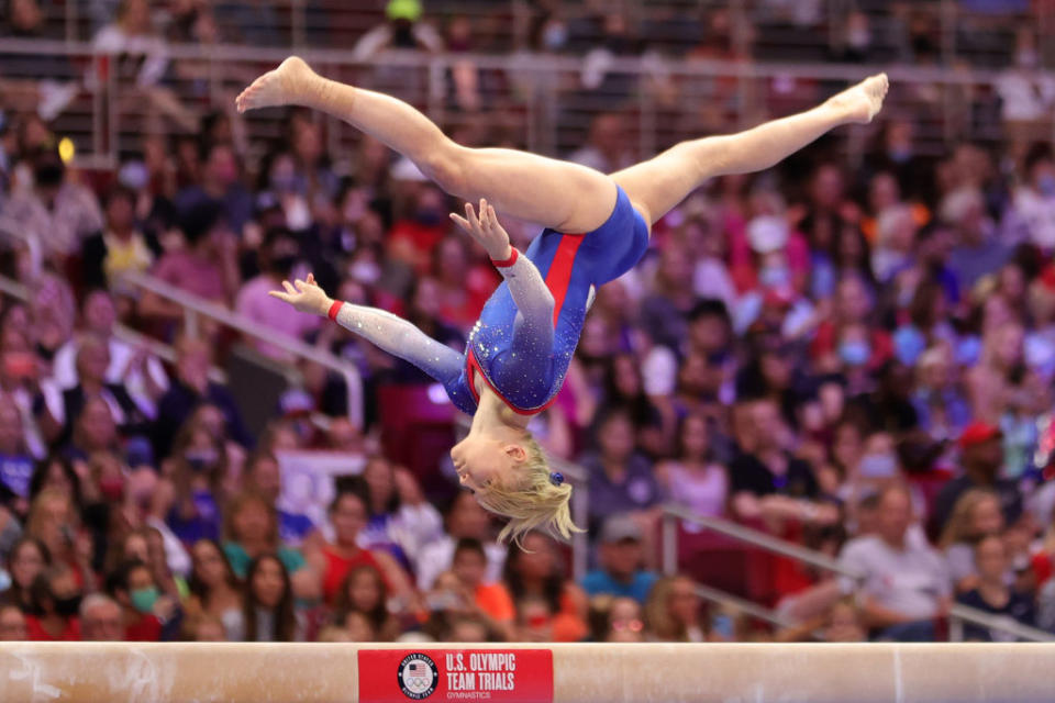 Jade Carey competes on the balance beam during the Women's competition of the 2021 U.S. Gymnastics Olympic Trials at America’s Center on June 27, 2021 in St Louis, Missouri.<span class="copyright">Carmen Mandato/Getty Images—2021 Getty Images</span>