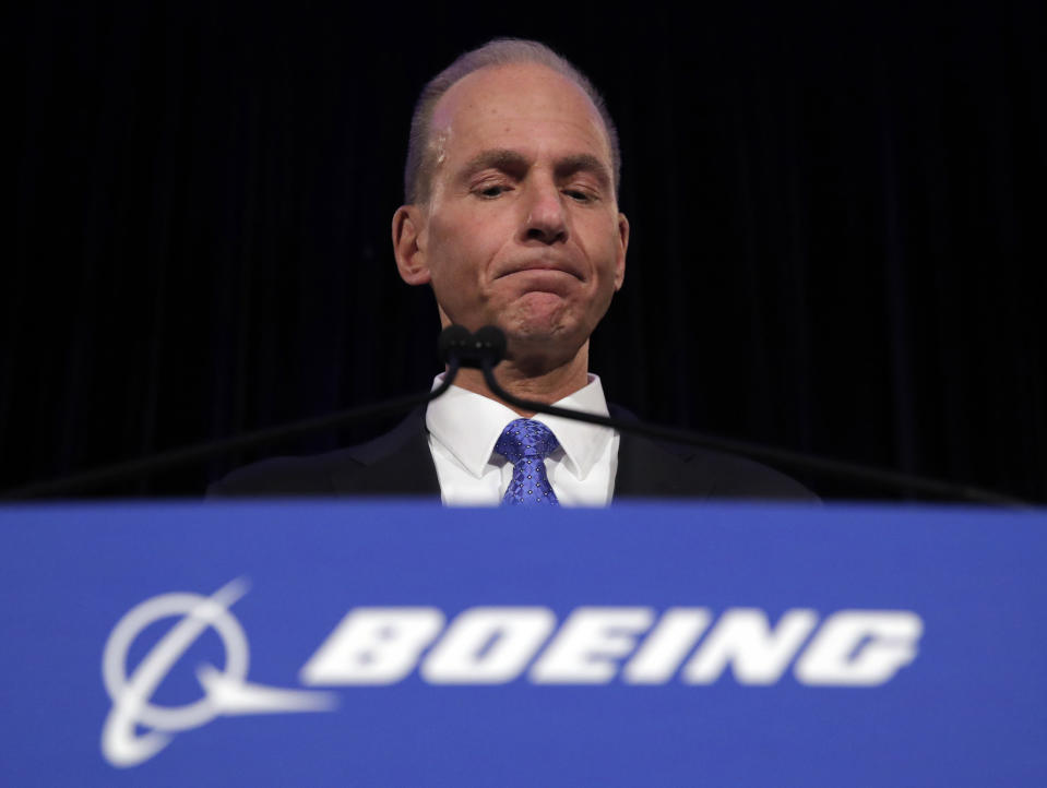 FILE - In this Monday, April 29, 2019 file photo, Boeing Chief Executive Dennis Muilenburg speaks during a news conference after the company's annual shareholders meeting at the Field Museum in Chicago. Boeing’s CEO says the company made a “mistake” in handling a problematic cockpit warning system in 737 Max jets ahead of two deadly crashes of the top-selling plane. Chief Executive Dennis Muilenburg told reporters in Paris on Sunday, June 16 that the company’s communication “was not consistent,” calling that “unacceptable.”(AP Photo/Jim Young, file)