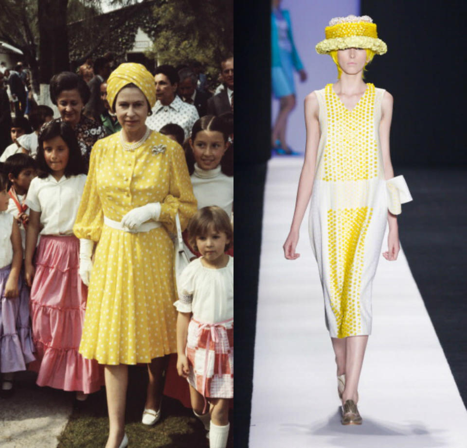 <p>The Queen looked bright and beautiful during her state visit to Mexico in 1975. Years later and her look is making a comeback as a similar design was featured in Fernanda Yamamoto summer show. <i>[Photo: Serge Lemoine/Getty Images/ Photo: Fernanda Calfat/Getty Images]</i></p>