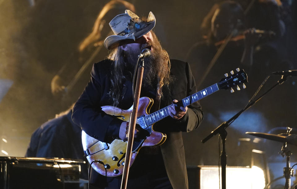 Chris Stapleton performs "Cold" at the 55th annual CMA Awards on Wednesday, Nov. 10, 2021, at the Bridgestone Arena in Nashville, Tenn. (AP Photo/Mark Humphrey)